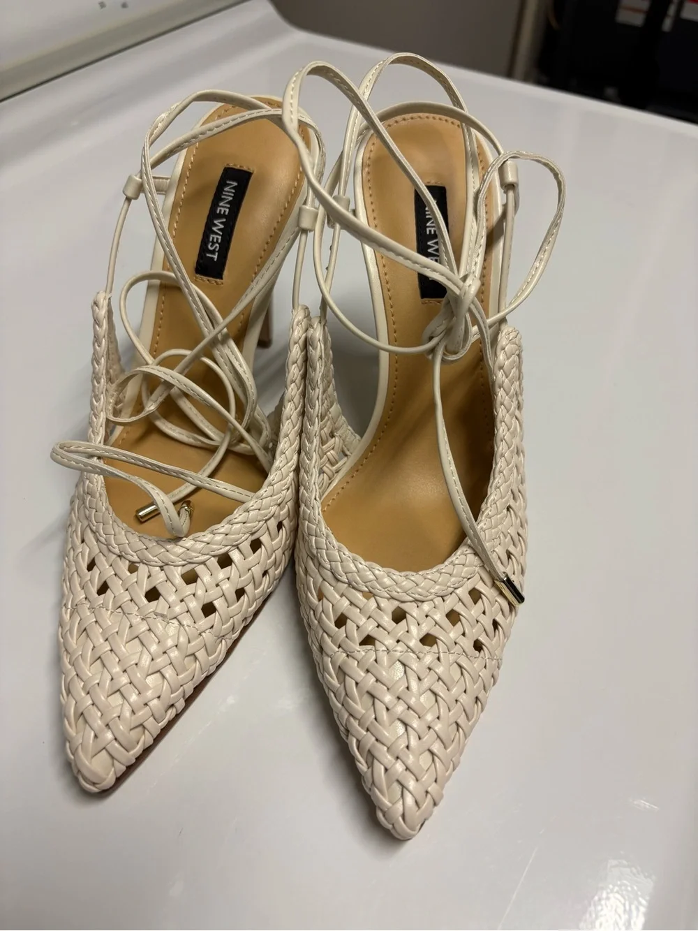 Nine West Cream Braided Pointed-Toe Lace-Up Heels